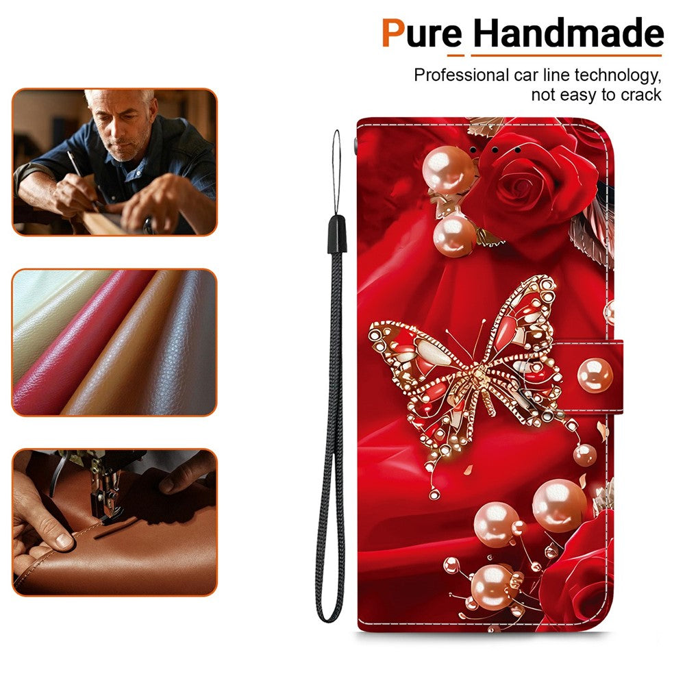 For Xiaomi Poco M8 Pro 5G / Redmi Note 15 Pro+ 5G (Global) Leather Case Stand Wallet Pattern Printing Phone Cover with Wrist Strap - Pearl Butterfly Rose