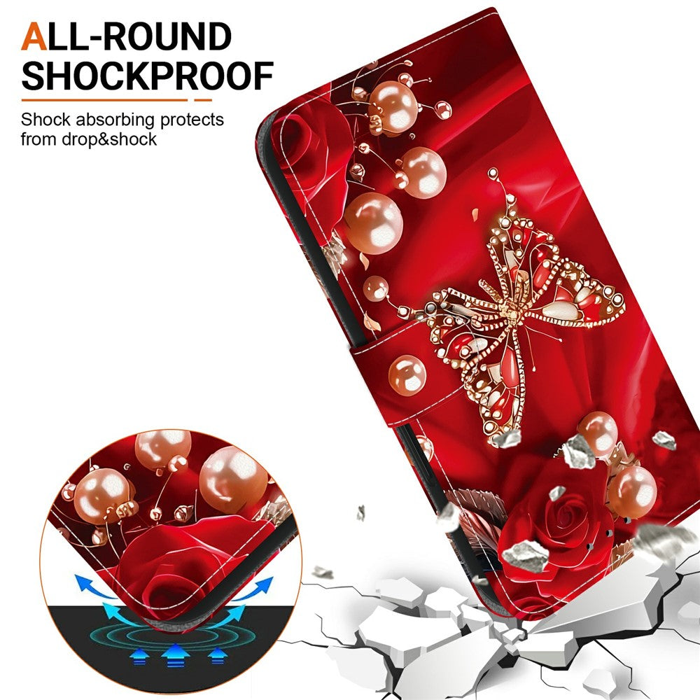For Xiaomi Poco M8 Pro 5G / Redmi Note 15 Pro+ 5G (Global) Leather Case Stand Wallet Pattern Printing Phone Cover with Wrist Strap - Pearl Butterfly Rose