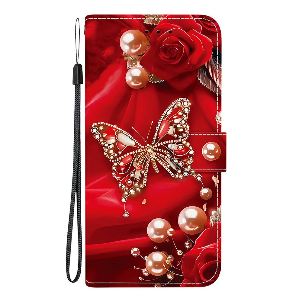 For Xiaomi Poco M8 Pro 5G / Redmi Note 15 Pro+ 5G (Global) Leather Case Stand Wallet Pattern Printing Phone Cover with Wrist Strap - Pearl Butterfly Rose