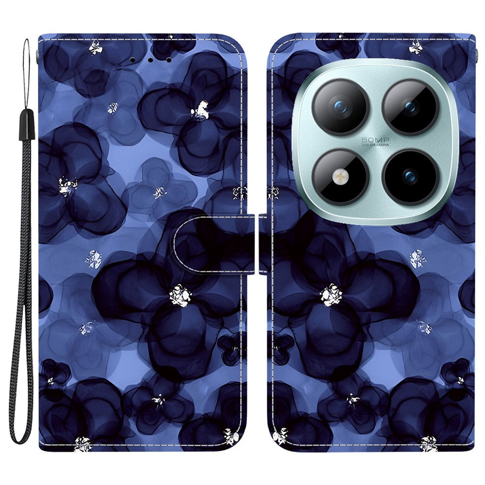 For Xiaomi Poco M8 Pro 5G / Redmi Note 15 Pro+ 5G (Global) Wallet Case Pattern Printing Leather Stand Phone Cover with Strap - Ink Blue Flower