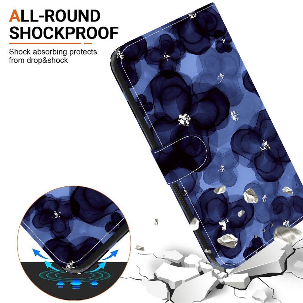 For Xiaomi Poco M8 Pro 5G / Redmi Note 15 Pro+ 5G (Global) Wallet Case Pattern Printing Leather Stand Phone Cover with Strap - Ink Blue Flower