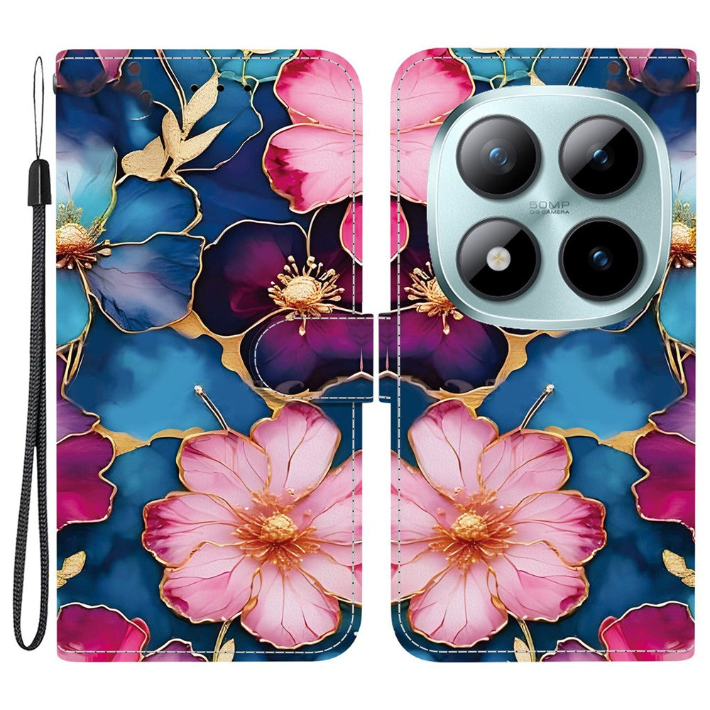 For Xiaomi Poco M8 Pro 5G / Redmi Note 15 Pro+ 5G (Global) Wallet Case Pattern Printing Leather Stand Phone Cover with Strap - Blue Gold Flower