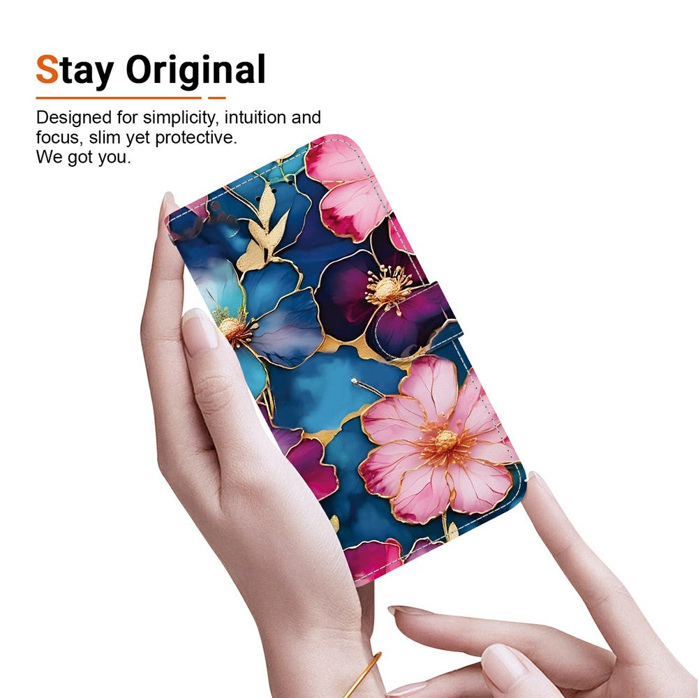 For Xiaomi Poco M8 Pro 5G / Redmi Note 15 Pro+ 5G (Global) Wallet Case Pattern Printing Leather Stand Phone Cover with Strap - Blue Gold Flower