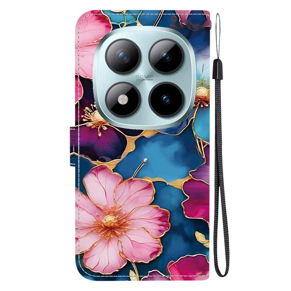 For Xiaomi Poco M8 Pro 5G / Redmi Note 15 Pro+ 5G (Global) Wallet Case Pattern Printing Leather Stand Phone Cover with Strap - Blue Gold Flower