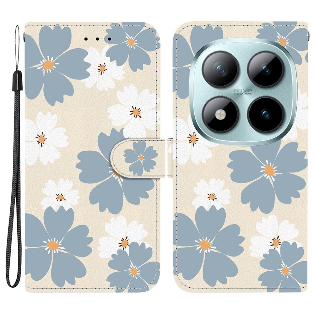 For Xiaomi Poco M8 Pro 5G / Redmi Note 15 Pro+ 5G (Global) Wallet Case Pattern Printing Leather Stand Phone Cover with Strap - Blue Daisy
