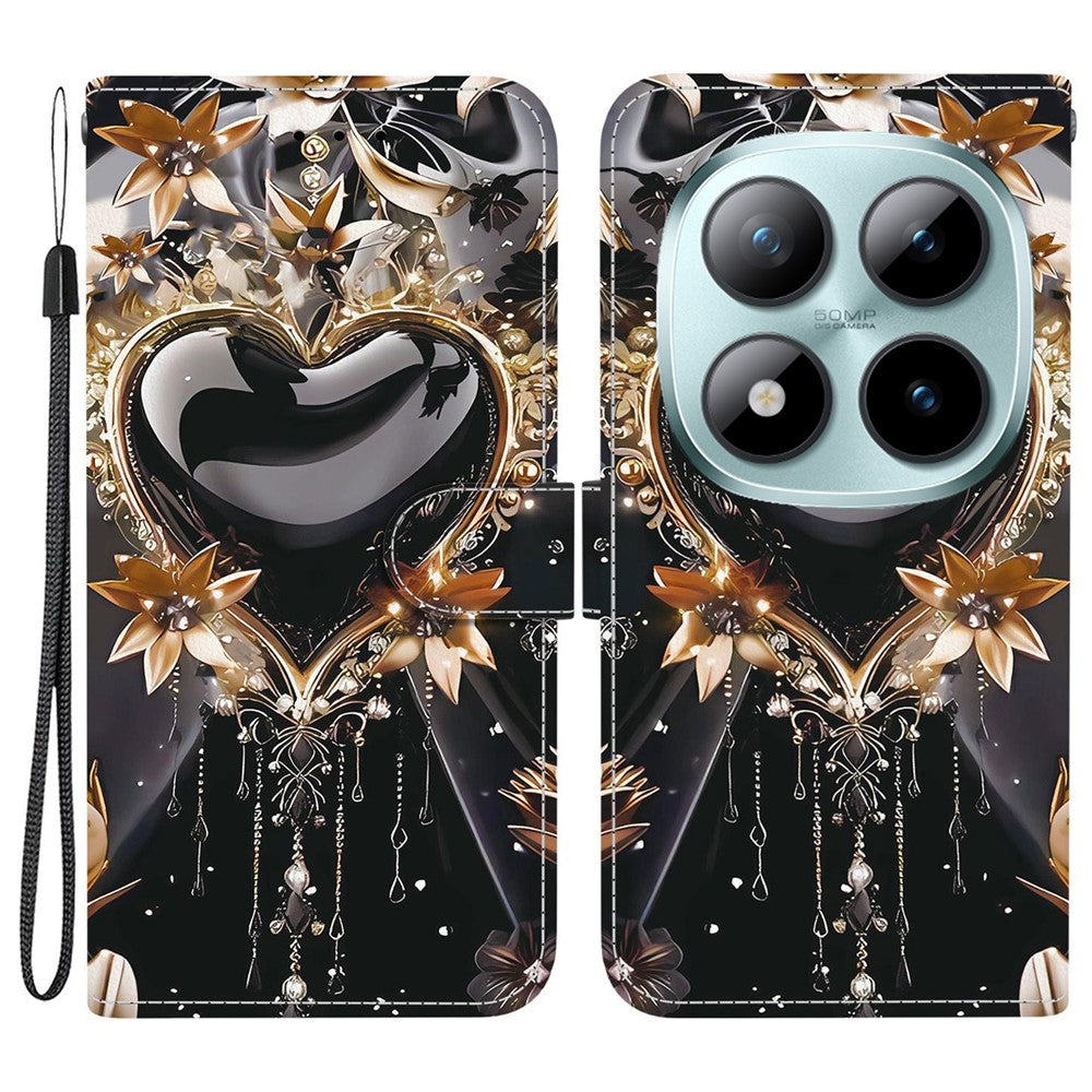 For Xiaomi Poco M8 Pro 5G / Redmi Note 15 Pro+ 5G (Global) Wallet Case Pattern Printing Leather Stand Phone Cover with Strap - Black Gold Heart