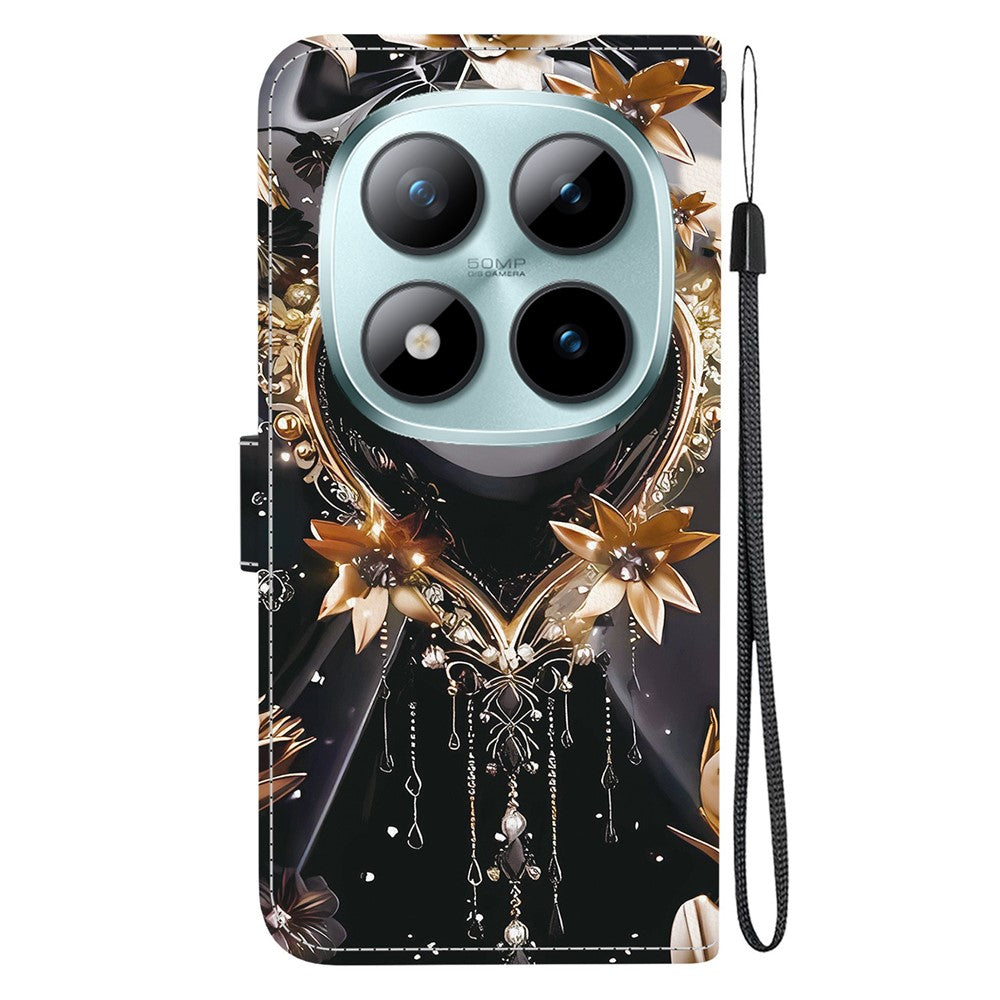 For Xiaomi Poco M8 Pro 5G / Redmi Note 15 Pro+ 5G (Global) Wallet Case Pattern Printing Leather Stand Phone Cover with Strap - Black Gold Heart