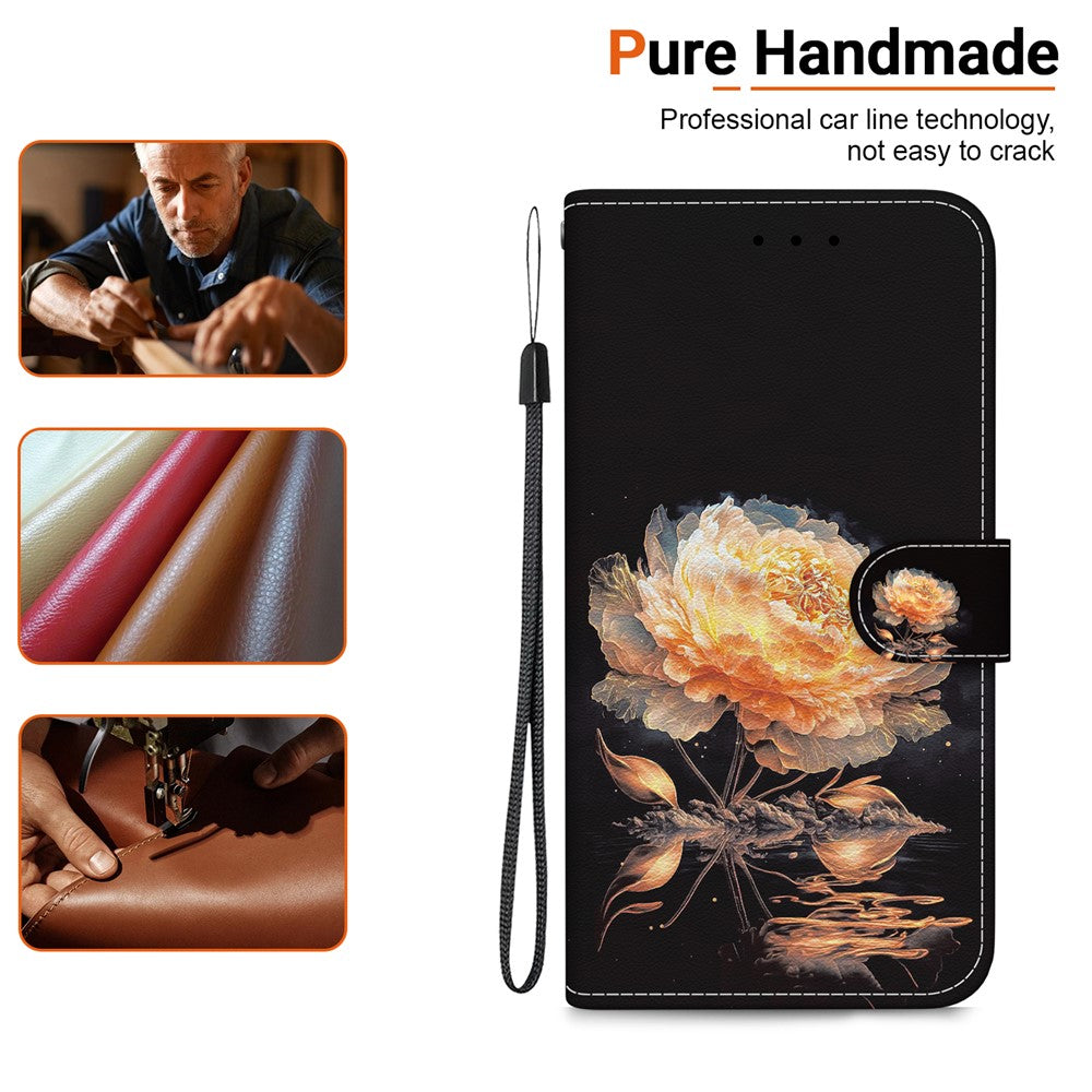 For-Samsung-Galaxy-S26-/-S26-Pro-Wallet-Phone-Case-Anti-Drop-Pattern-Printing-Leather-Flip-Cover-with-Strap-Gold-Peony