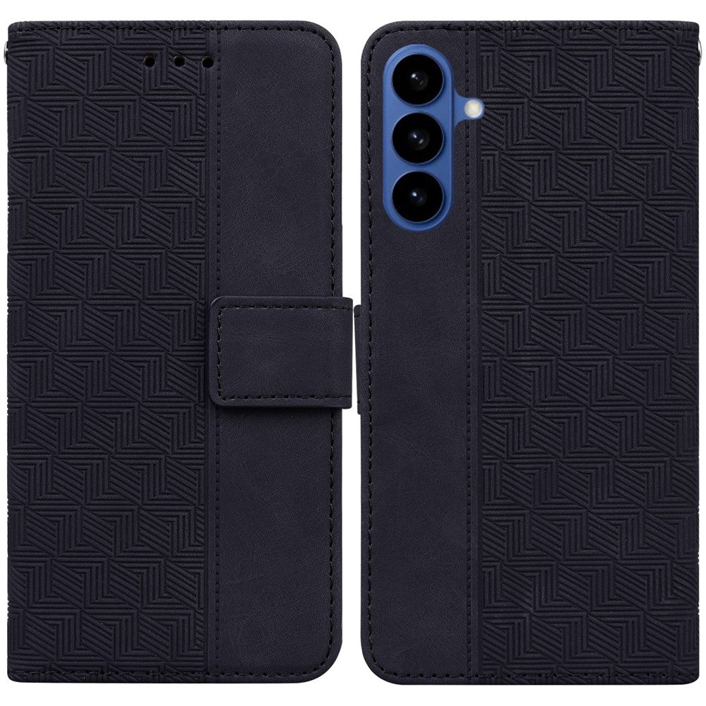 For-Samsung-Galaxy-S26-/-S26-Pro-Case-Geometry-Pattern-Leather-Wallet-Phone-Cover-with-Wrist-Strap-Black
