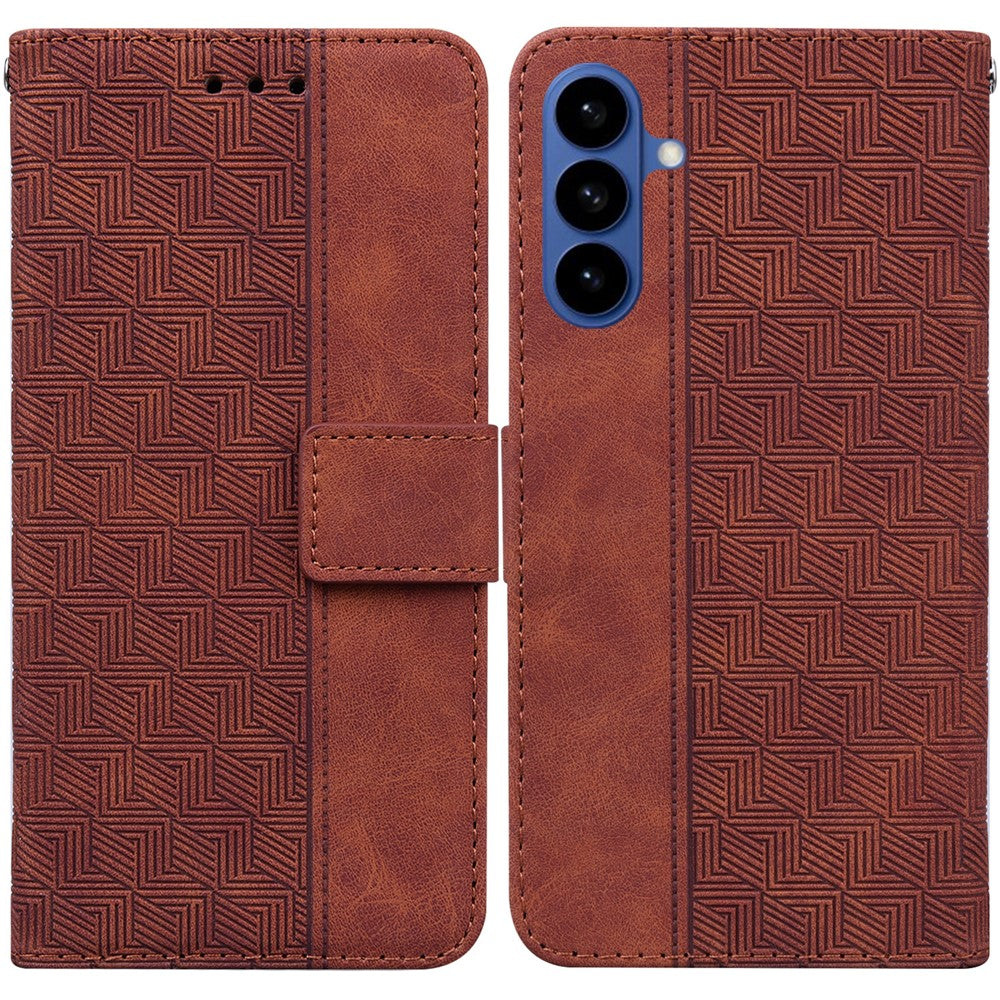 For-Samsung-Galaxy-S26-/-S26-Pro-Case-Geometry-Pattern-Leather-Wallet-Phone-Cover-with-Wrist-Strap-Brown