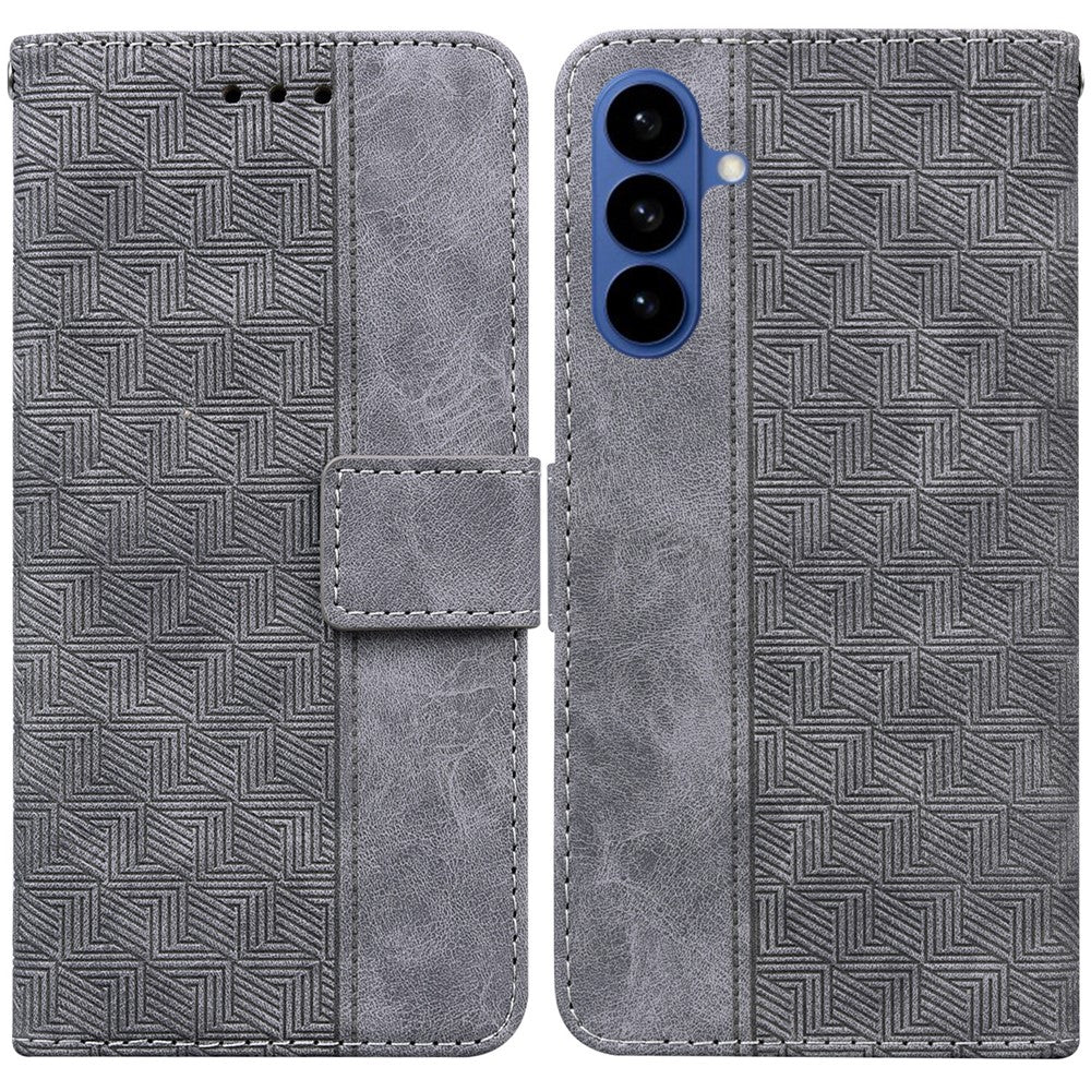 For-Samsung-Galaxy-S26-/-S26-Pro-Case-Geometry-Pattern-Leather-Wallet-Phone-Cover-with-Wrist-Strap-Grey