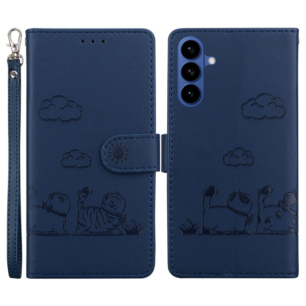 For-Samsung-Galaxy-S26-/-S26-Pro-Case-RFID-Blocking-Kitten-Pattern-TPU-+-PU-Leather-Phone-Cover-with-Wrist-Strap-Blue