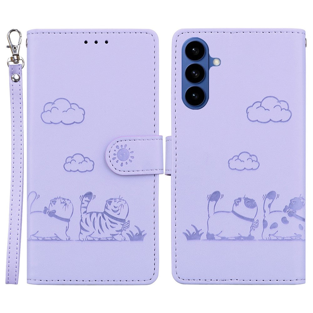 For-Samsung-Galaxy-S26-/-S26-Pro-Case-RFID-Blocking-Kitten-Pattern-TPU-+-PU-Leather-Phone-Cover-with-Wrist-Strap-Purple