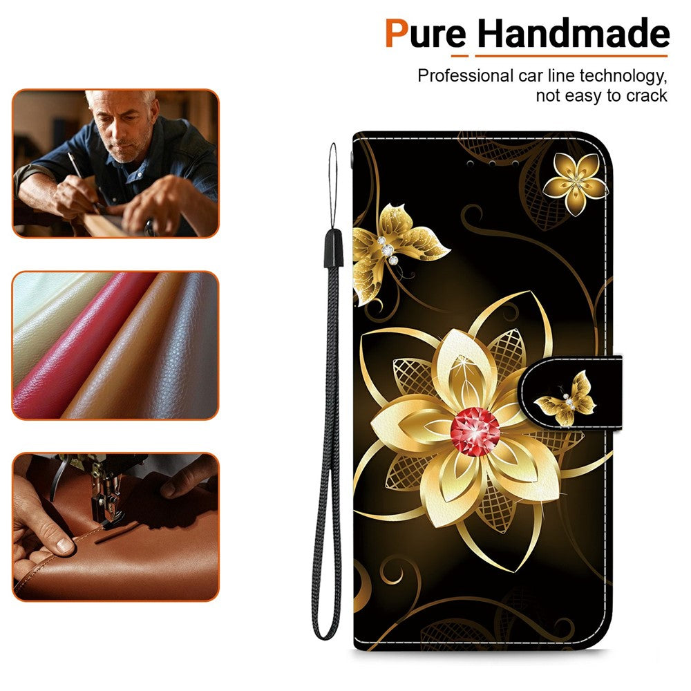 For-Samsung-Galaxy-S26-/-S26-Pro-Case-Pattern-Printing-Leather-Flip-Wallet-Phone-Cover-with-Lanyard-Golden-Flower