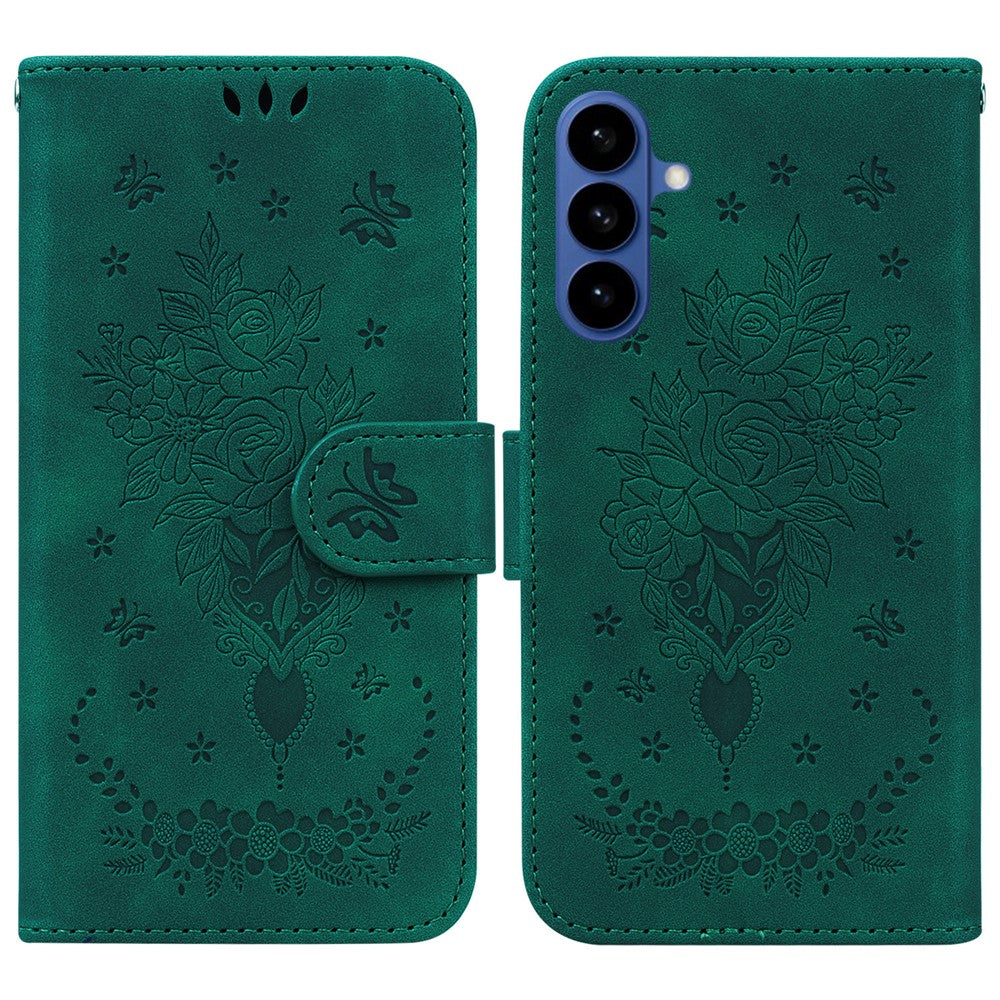 For-Samsung-Galaxy-S26-/-S26-Pro-Fusion-5G-Case-Butterfly-Flower-Imprint-PU-Leather-Wallet-Phone-Cover-with-Strap-Green
