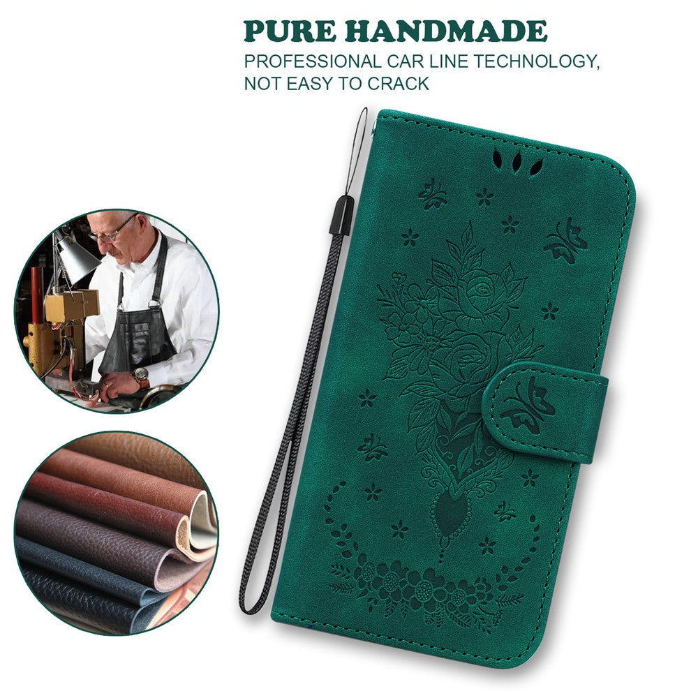 For-Samsung-Galaxy-S26-/-S26-Pro-Fusion-5G-Case-Butterfly-Flower-Imprint-PU-Leather-Wallet-Phone-Cover-with-Strap-Green