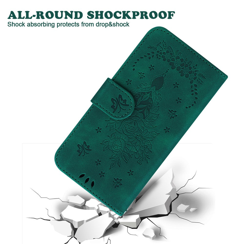 For-Samsung-Galaxy-S26-/-S26-Pro-Fusion-5G-Case-Butterfly-Flower-Imprint-PU-Leather-Wallet-Phone-Cover-with-Strap-Green