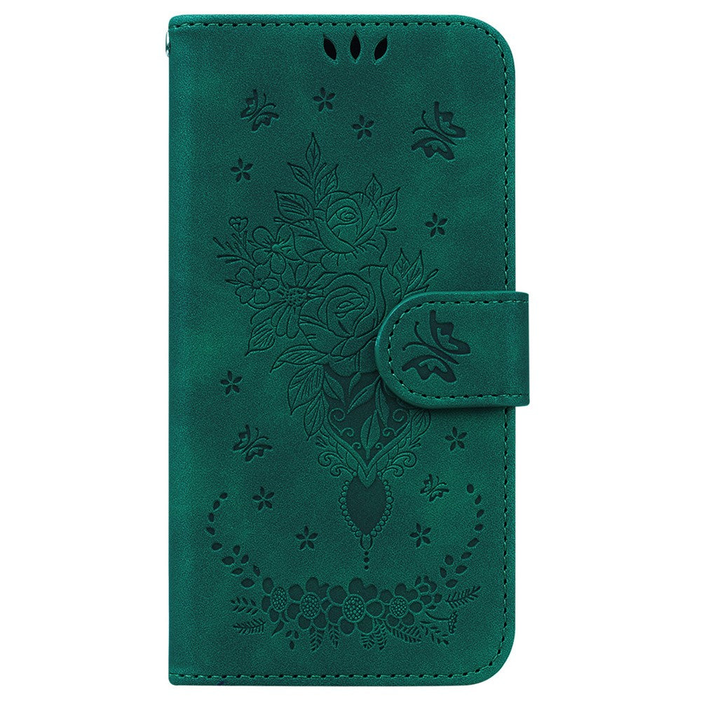For-Samsung-Galaxy-S26-/-S26-Pro-Fusion-5G-Case-Butterfly-Flower-Imprint-PU-Leather-Wallet-Phone-Cover-with-Strap-Green