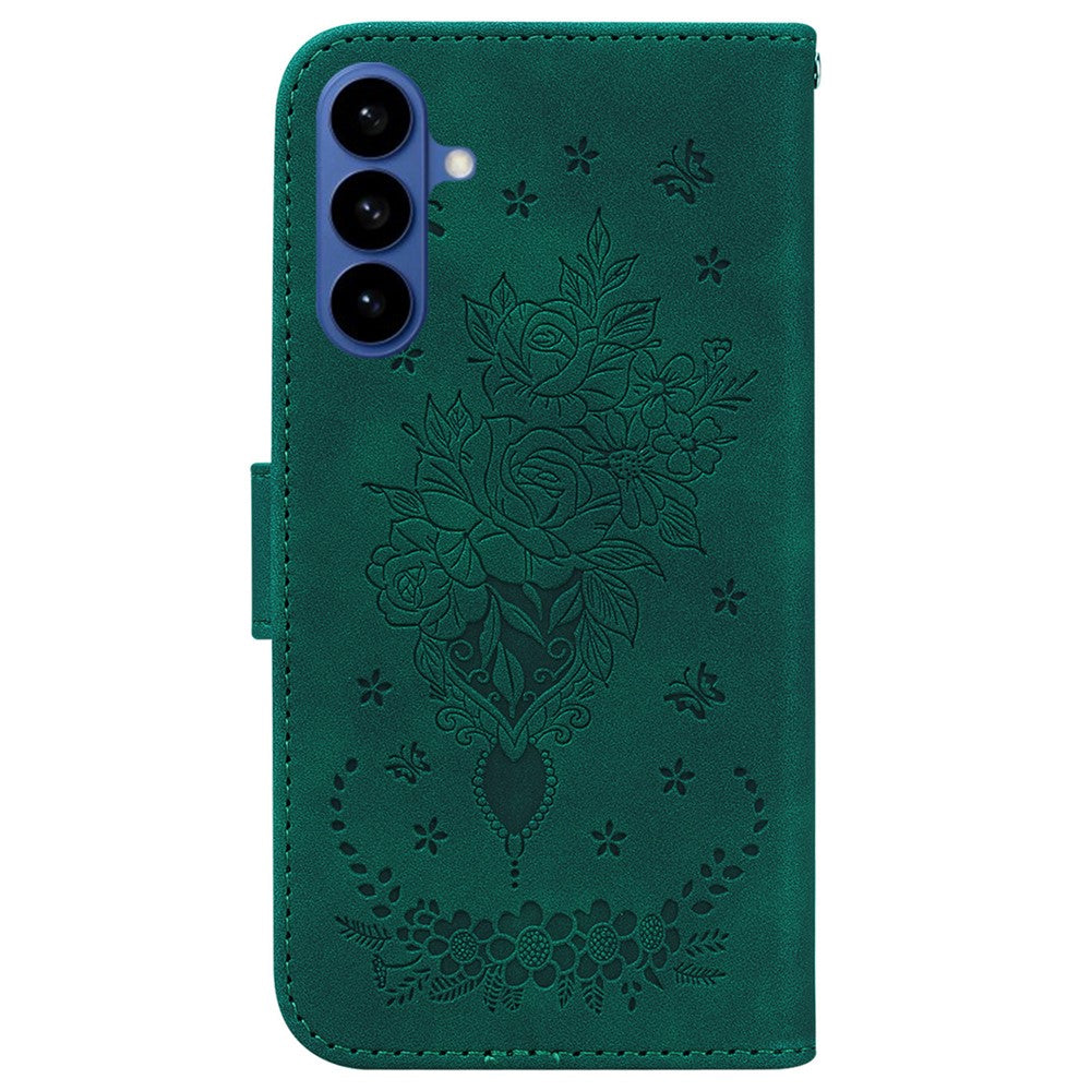 For-Samsung-Galaxy-S26-/-S26-Pro-Fusion-5G-Case-Butterfly-Flower-Imprint-PU-Leather-Wallet-Phone-Cover-with-Strap-Green