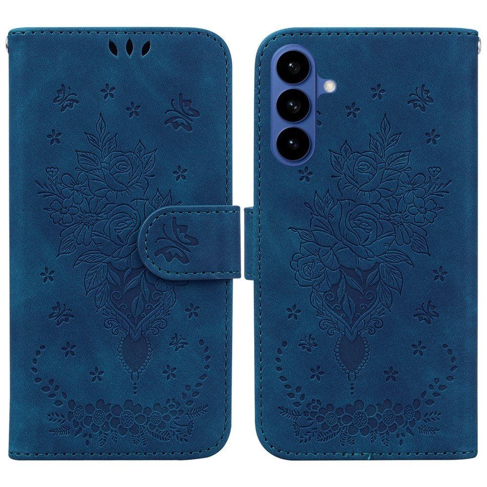 For-Samsung-Galaxy-S26-/-S26-Pro-Fusion-5G-Case-Butterfly-Flower-Imprint-PU-Leather-Wallet-Phone-Cover-with-Strap-Blue