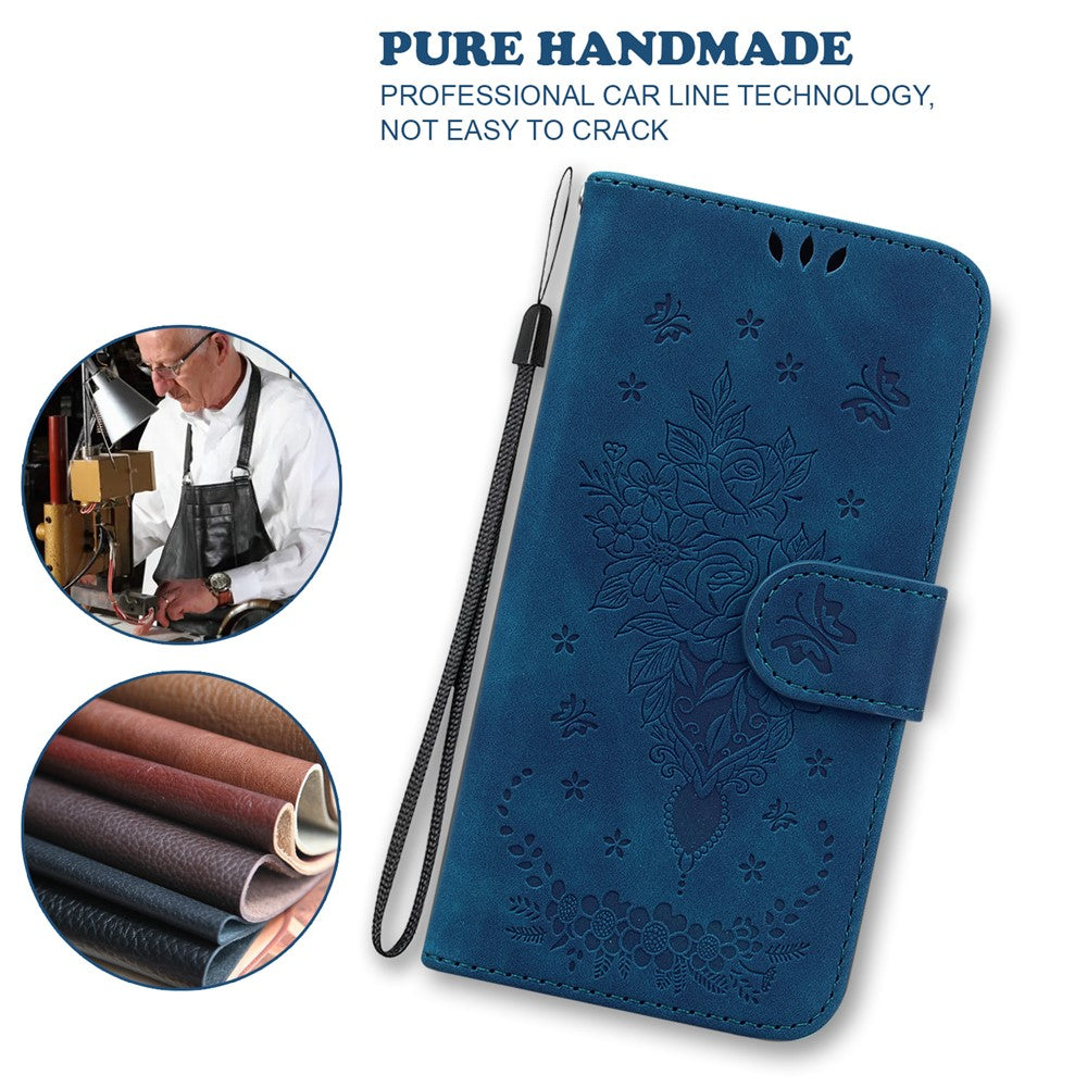 For-Samsung-Galaxy-S26-/-S26-Pro-Fusion-5G-Case-Butterfly-Flower-Imprint-PU-Leather-Wallet-Phone-Cover-with-Strap-Blue