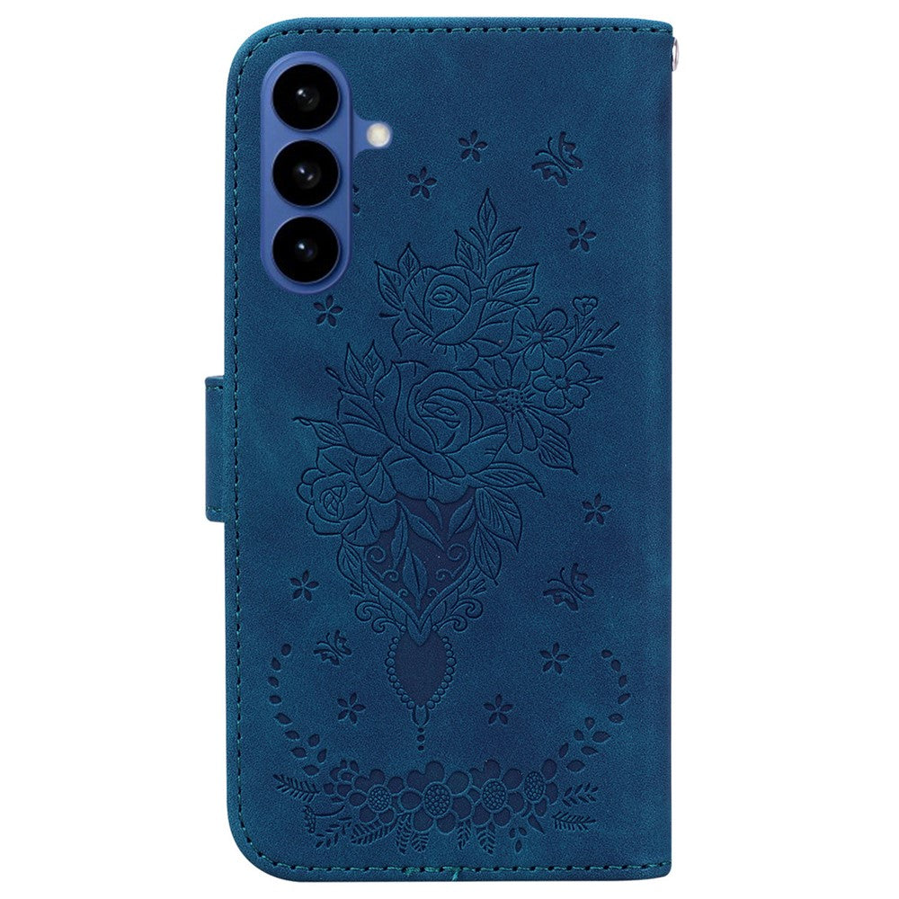 For-Samsung-Galaxy-S26-/-S26-Pro-Fusion-5G-Case-Butterfly-Flower-Imprint-PU-Leather-Wallet-Phone-Cover-with-Strap-Blue