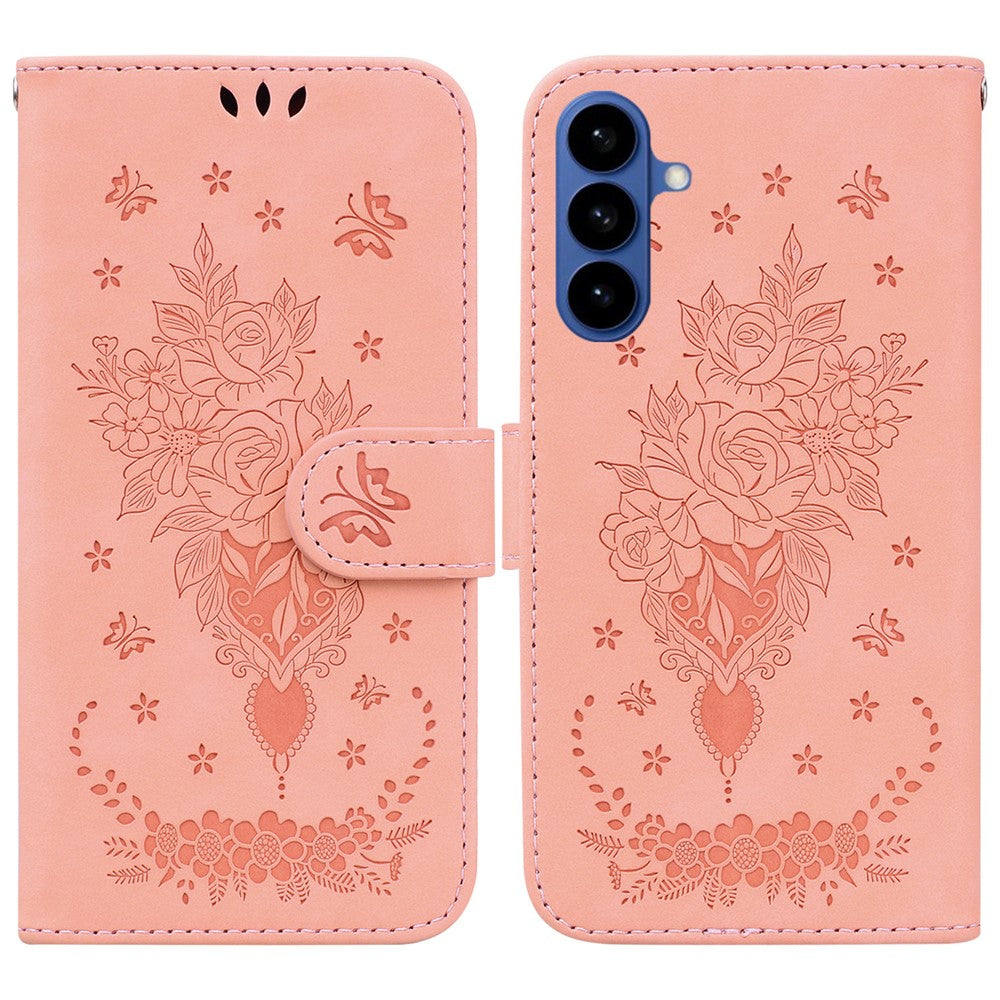 For-Samsung-Galaxy-S26-/-S26-Pro-Fusion-5G-Case-Butterfly-Flower-Imprint-PU-Leather-Wallet-Phone-Cover-with-Strap-Pink