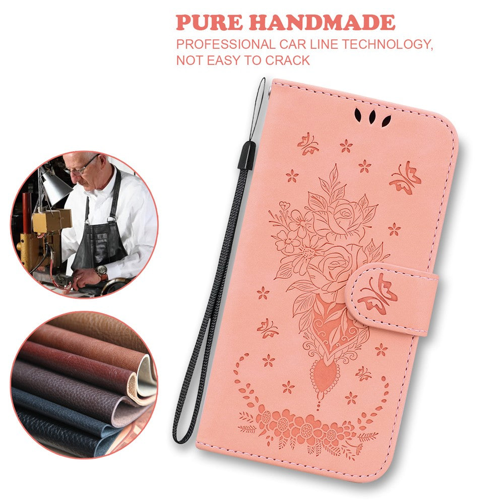 For-Samsung-Galaxy-S26-/-S26-Pro-Fusion-5G-Case-Butterfly-Flower-Imprint-PU-Leather-Wallet-Phone-Cover-with-Strap-Pink