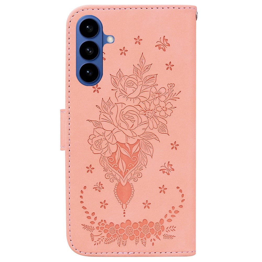 For-Samsung-Galaxy-S26-/-S26-Pro-Fusion-5G-Case-Butterfly-Flower-Imprint-PU-Leather-Wallet-Phone-Cover-with-Strap-Pink