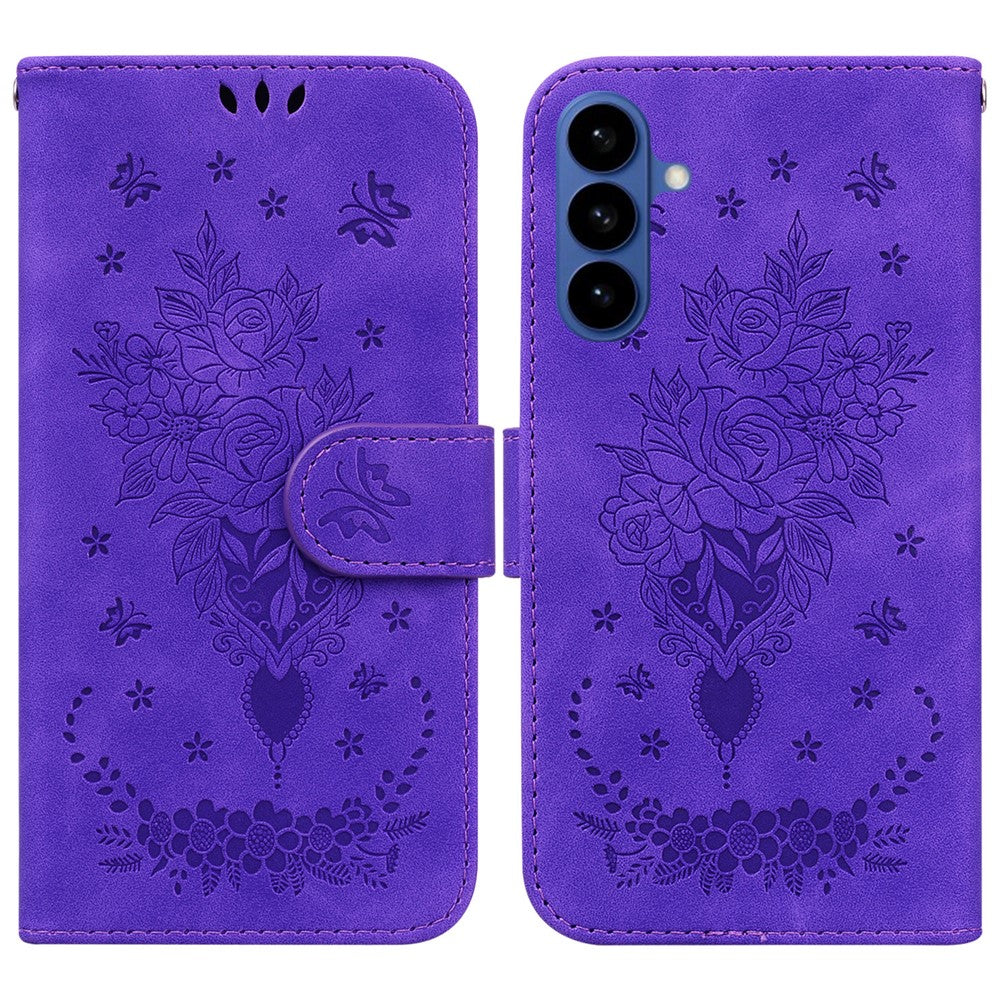 For-Samsung-Galaxy-S26-/-S26-Pro-Fusion-5G-Case-Butterfly-Flower-Imprint-PU-Leather-Wallet-Phone-Cover-with-Strap-Purple