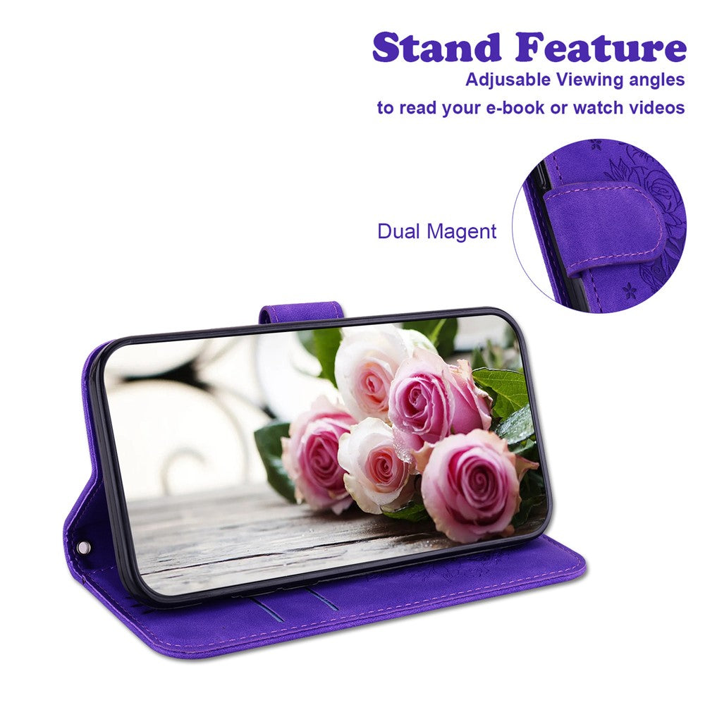For-Samsung-Galaxy-S26-/-S26-Pro-Fusion-5G-Case-Butterfly-Flower-Imprint-PU-Leather-Wallet-Phone-Cover-with-Strap-Purple