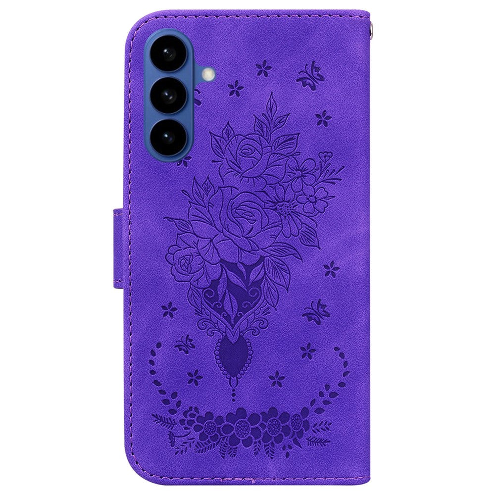 For-Samsung-Galaxy-S26-/-S26-Pro-Fusion-5G-Case-Butterfly-Flower-Imprint-PU-Leather-Wallet-Phone-Cover-with-Strap-Purple