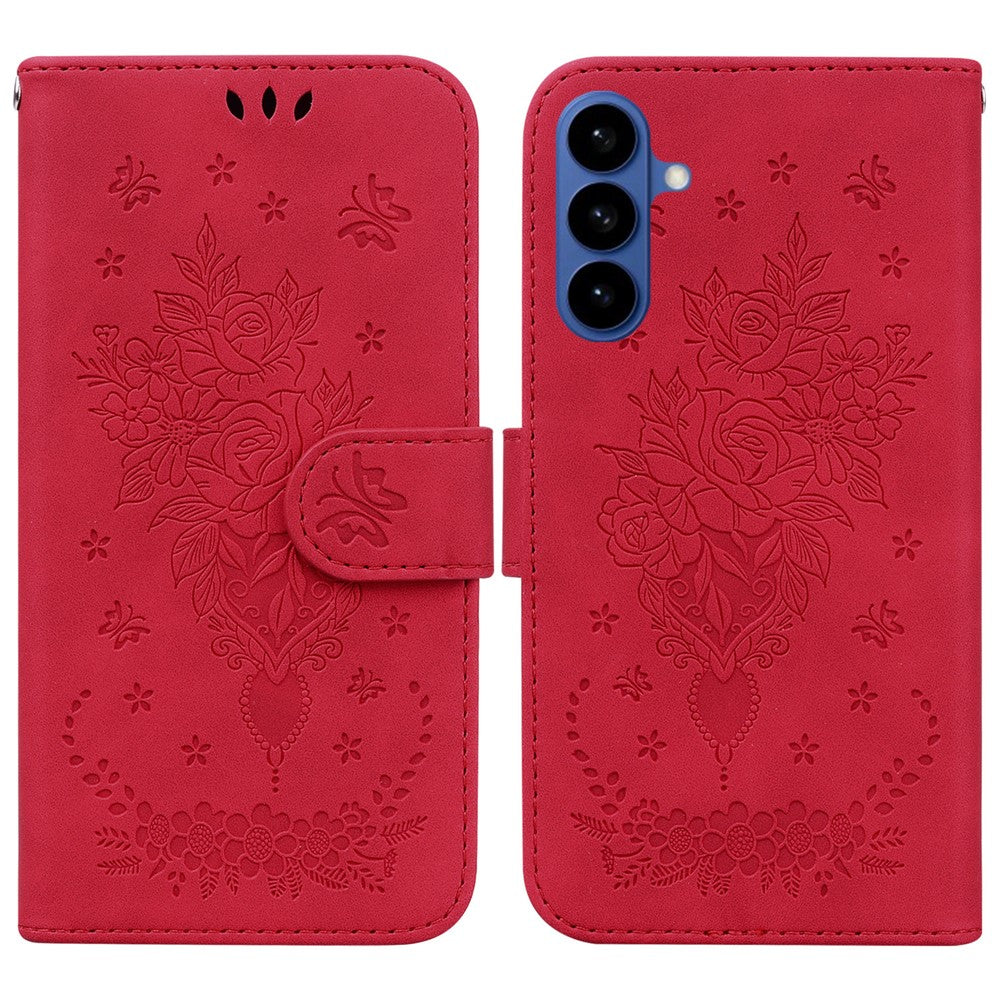 For-Samsung-Galaxy-S26-/-S26-Pro-Fusion-5G-Case-Butterfly-Flower-Imprint-PU-Leather-Wallet-Phone-Cover-with-Strap-Red