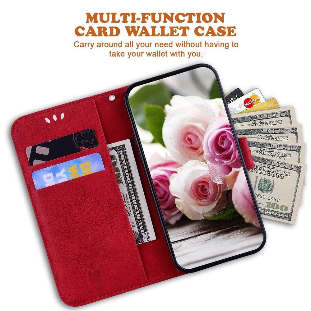 For-Samsung-Galaxy-S26-/-S26-Pro-Fusion-5G-Case-Butterfly-Flower-Imprint-PU-Leather-Wallet-Phone-Cover-with-Strap-Red