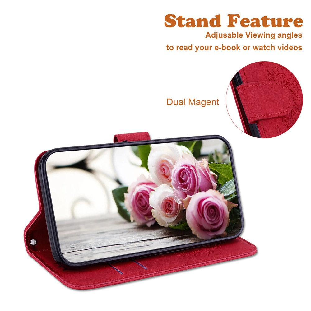 For-Samsung-Galaxy-S26-/-S26-Pro-Fusion-5G-Case-Butterfly-Flower-Imprint-PU-Leather-Wallet-Phone-Cover-with-Strap-Red