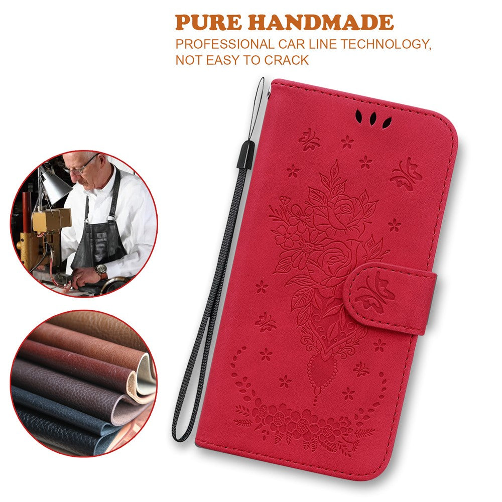 For-Samsung-Galaxy-S26-/-S26-Pro-Fusion-5G-Case-Butterfly-Flower-Imprint-PU-Leather-Wallet-Phone-Cover-with-Strap-Red