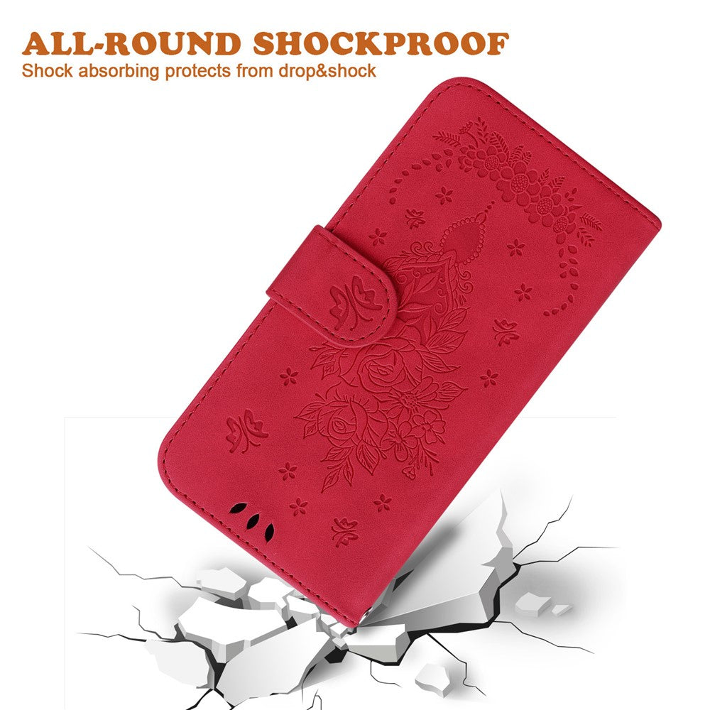For-Samsung-Galaxy-S26-/-S26-Pro-Fusion-5G-Case-Butterfly-Flower-Imprint-PU-Leather-Wallet-Phone-Cover-with-Strap-Red