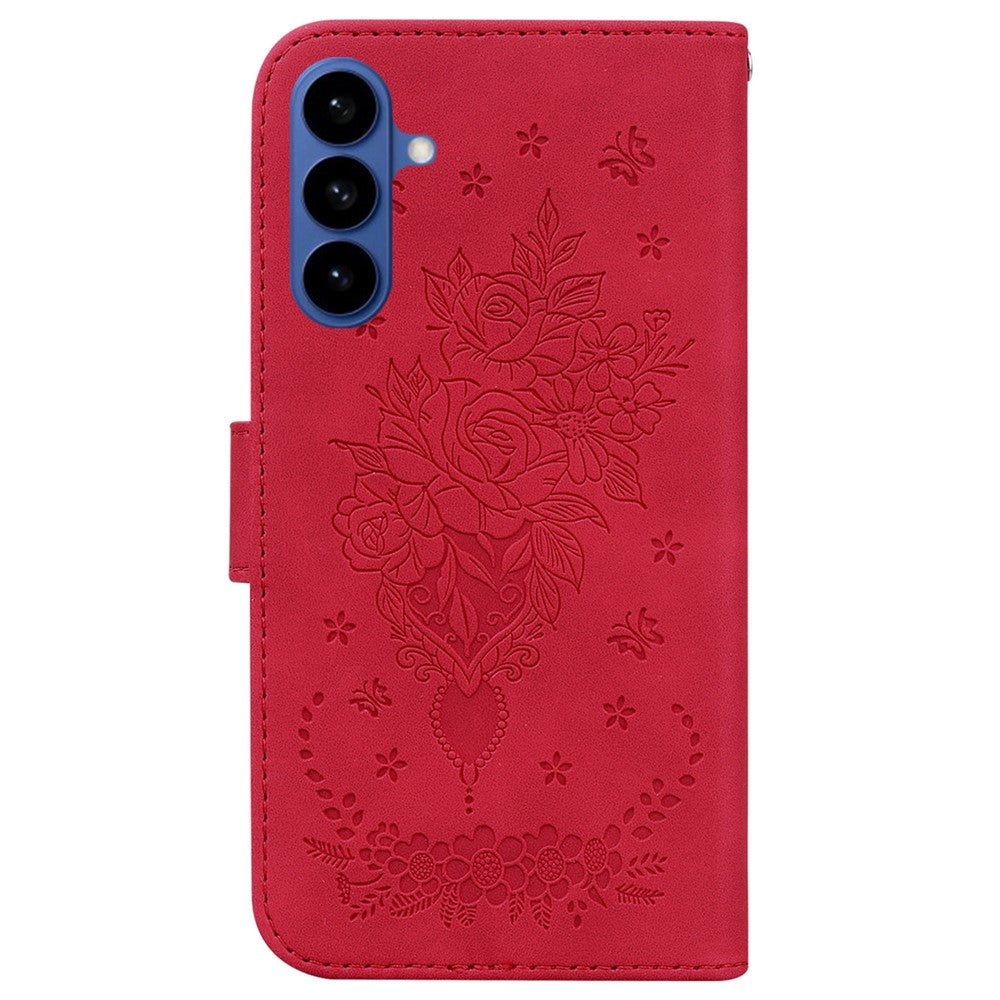 For-Samsung-Galaxy-S26-/-S26-Pro-Fusion-5G-Case-Butterfly-Flower-Imprint-PU-Leather-Wallet-Phone-Cover-with-Strap-Red