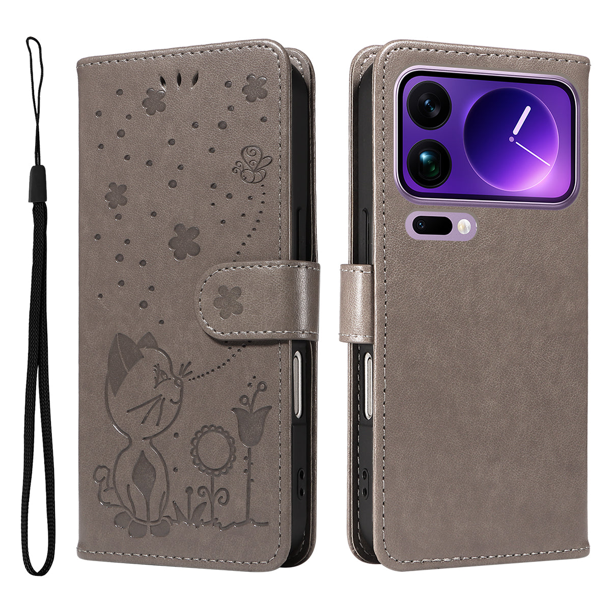 For Xiaomi 17 Pro Max Leather Wallet Case Cat Bee Pattern Phone Cover Stand - Grey