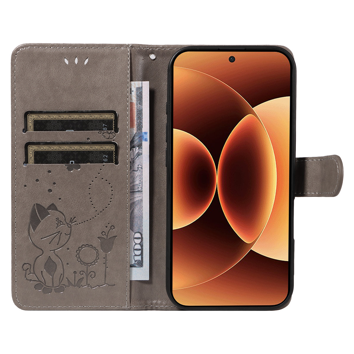 For Xiaomi 17 Pro Max Leather Wallet Case Cat Bee Pattern Phone Cover Stand - Grey