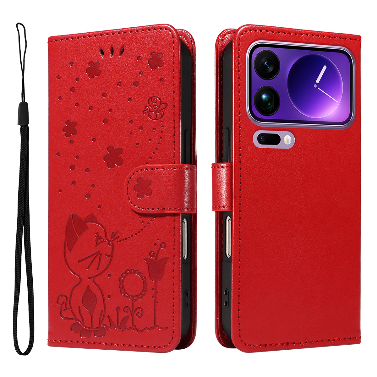 For Xiaomi 17 Pro Max Leather Wallet Case Cat Bee Pattern Phone Cover Stand - Red