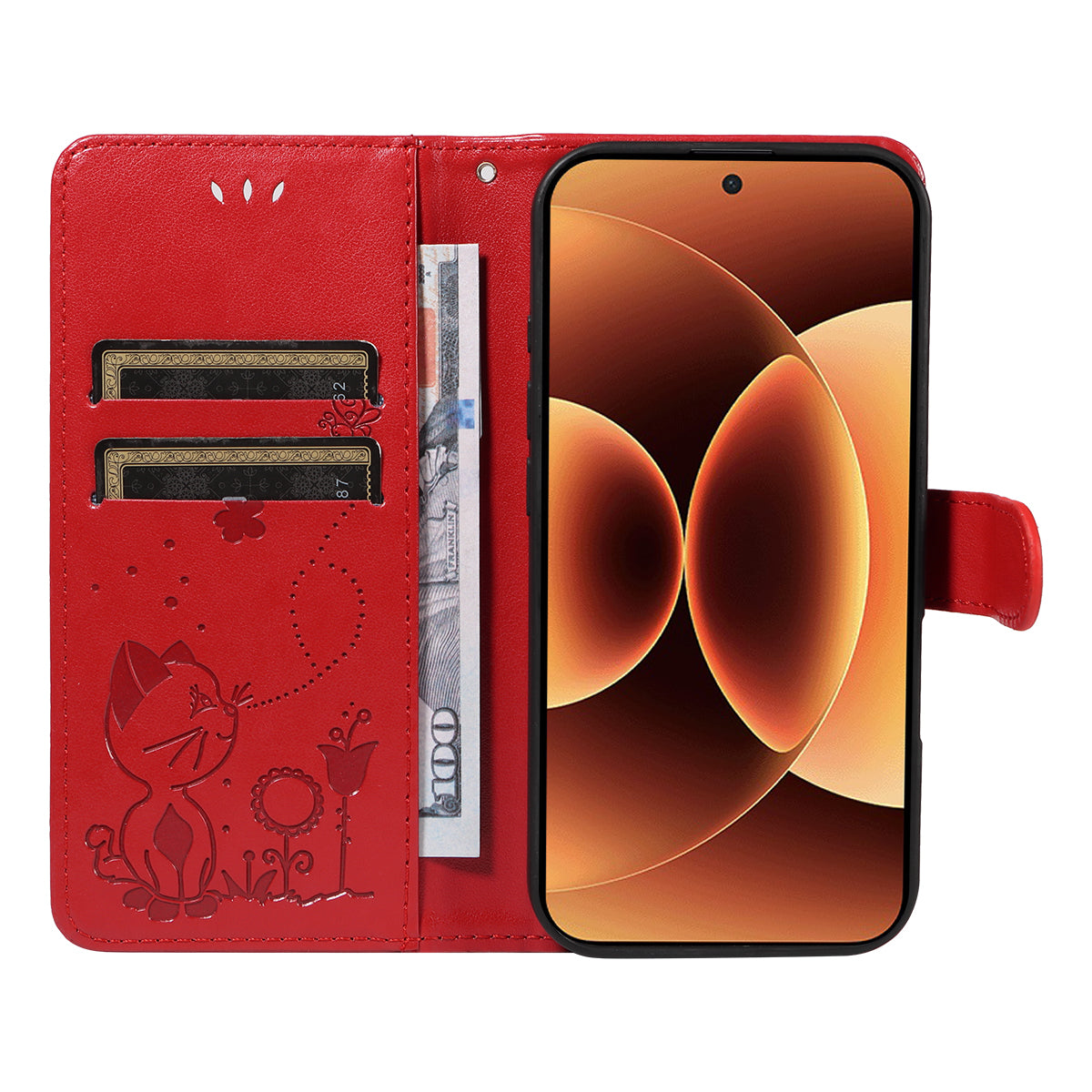 For Xiaomi 17 Pro Max Leather Wallet Case Cat Bee Pattern Phone Cover Stand - Red