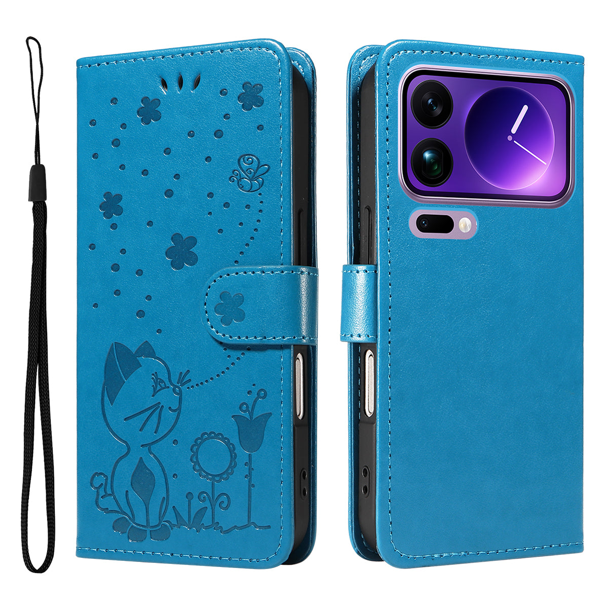 For Xiaomi 17 Pro Max Leather Wallet Case Cat Bee Pattern Phone Cover Stand - Blue