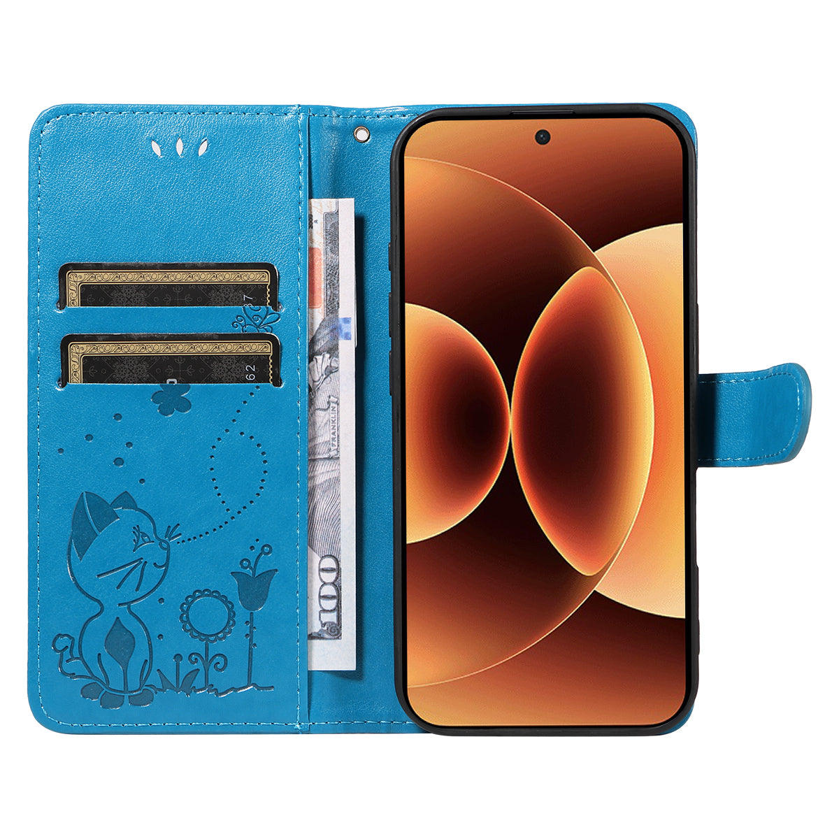 For Xiaomi 17 Pro Max Leather Wallet Case Cat Bee Pattern Phone Cover Stand - Blue