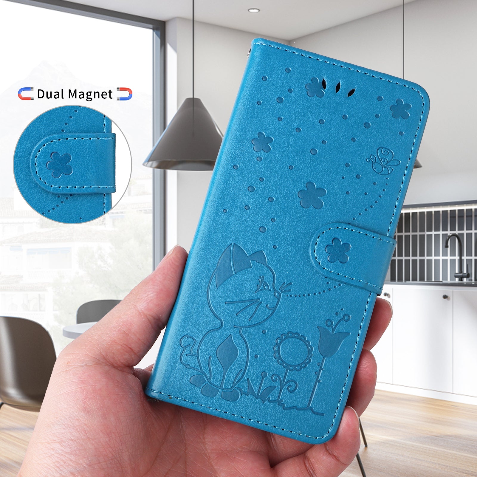 For Xiaomi 17 Pro Max Leather Wallet Case Cat Bee Pattern Phone Cover Stand - Blue