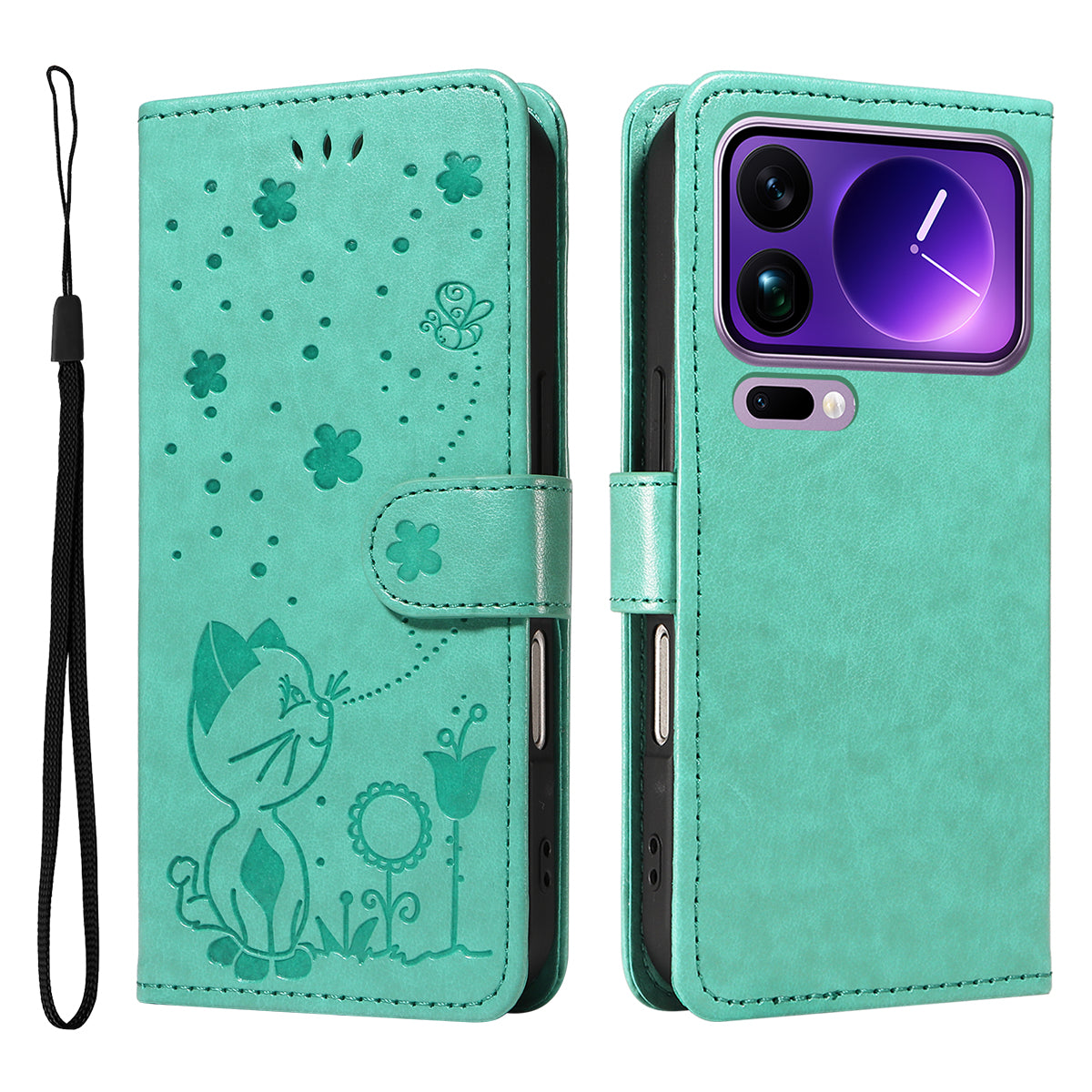 For Xiaomi 17 Pro Max Leather Wallet Case Cat Bee Pattern Phone Cover Stand - Green
