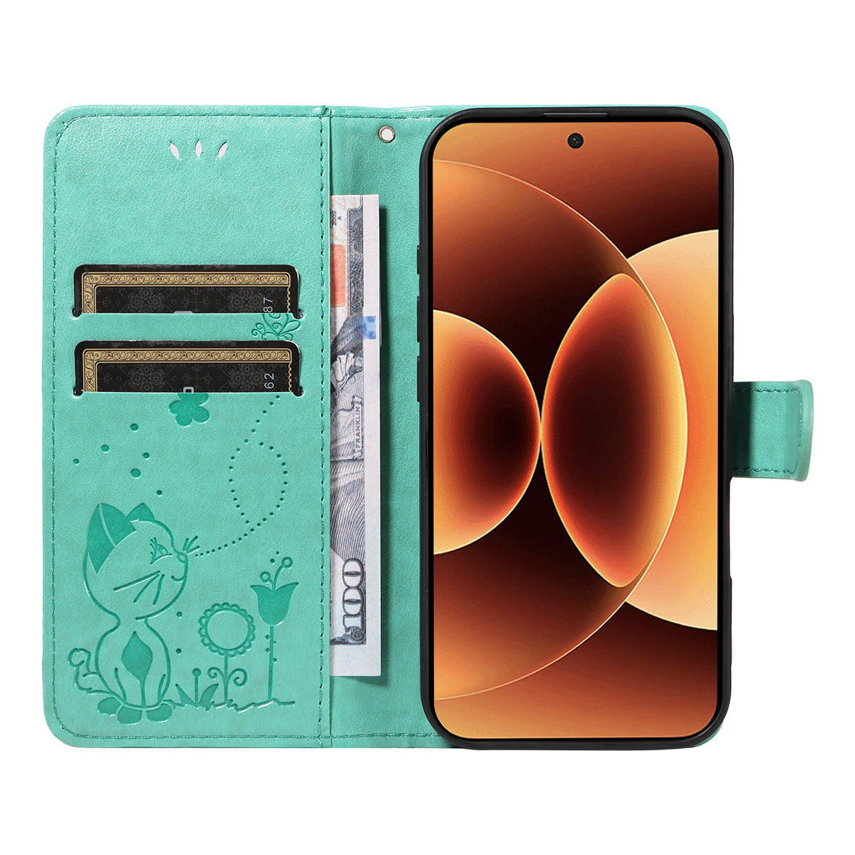 For Xiaomi 17 Pro Max Leather Wallet Case Cat Bee Pattern Phone Cover Stand - Green