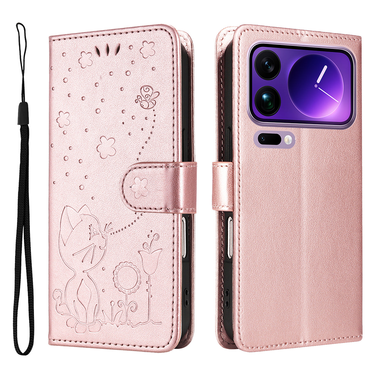 For Xiaomi 17 Pro Max Leather Wallet Case Cat Bee Pattern Phone Cover Stand - Rose Gold