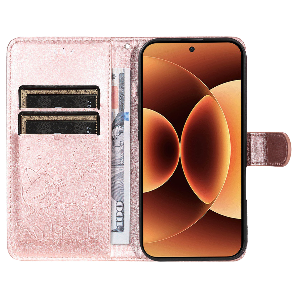 For Xiaomi 17 Pro Max Leather Wallet Case Cat Bee Pattern Phone Cover Stand - Rose Gold