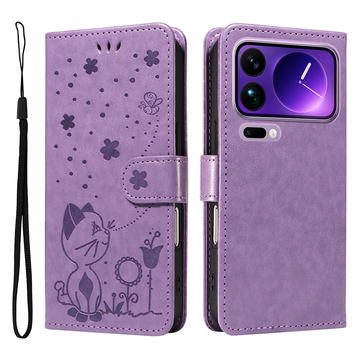 For Xiaomi 17 Pro Max Leather Wallet Case Cat Bee Pattern Phone Cover Stand - Purple